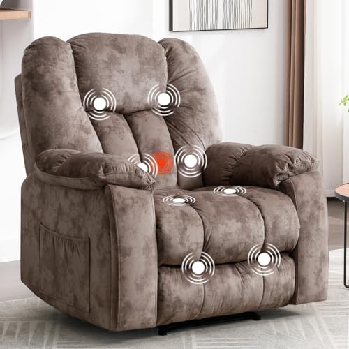 Phoenix Home Manual Recliner Chair for Adults with Massage and Heat, Overstuffed Fabric Reclining Chair, Oversized Recliners with 2 Cup Holders and Side Pockets for Living Room, Bedroom, Brown