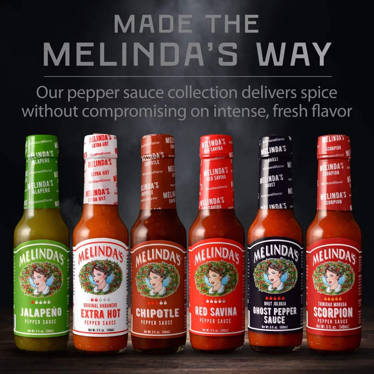 Melinda’s Pepper Sauce Challenge Collection - Extra Spicy Gourmet Hot Sauce Gift Set with Variety of Chile Peppers - Includes Jalapeño, Extra Hot Habanero, Chipotle, Red Savina, Ghost, Scorpion- 5 oz,