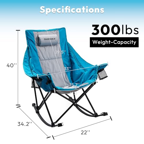 Swonder Oversized Rocking Camping Chair with Innovative 2-in-1 Removable Seat Cushion for All Seasons, Fully Padded Folding Outdoor Chair with Headrest and Carry Bag