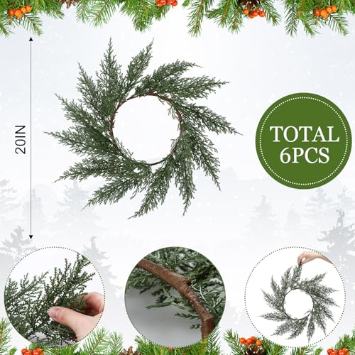 Christmas Placemats Set of 6 Round Greenery Place Mats Xmas Circular Artificial Wreath Dining Table Decor Winter Fake Plants Branches Mats for Kitchen Accessories (Pine Needles)