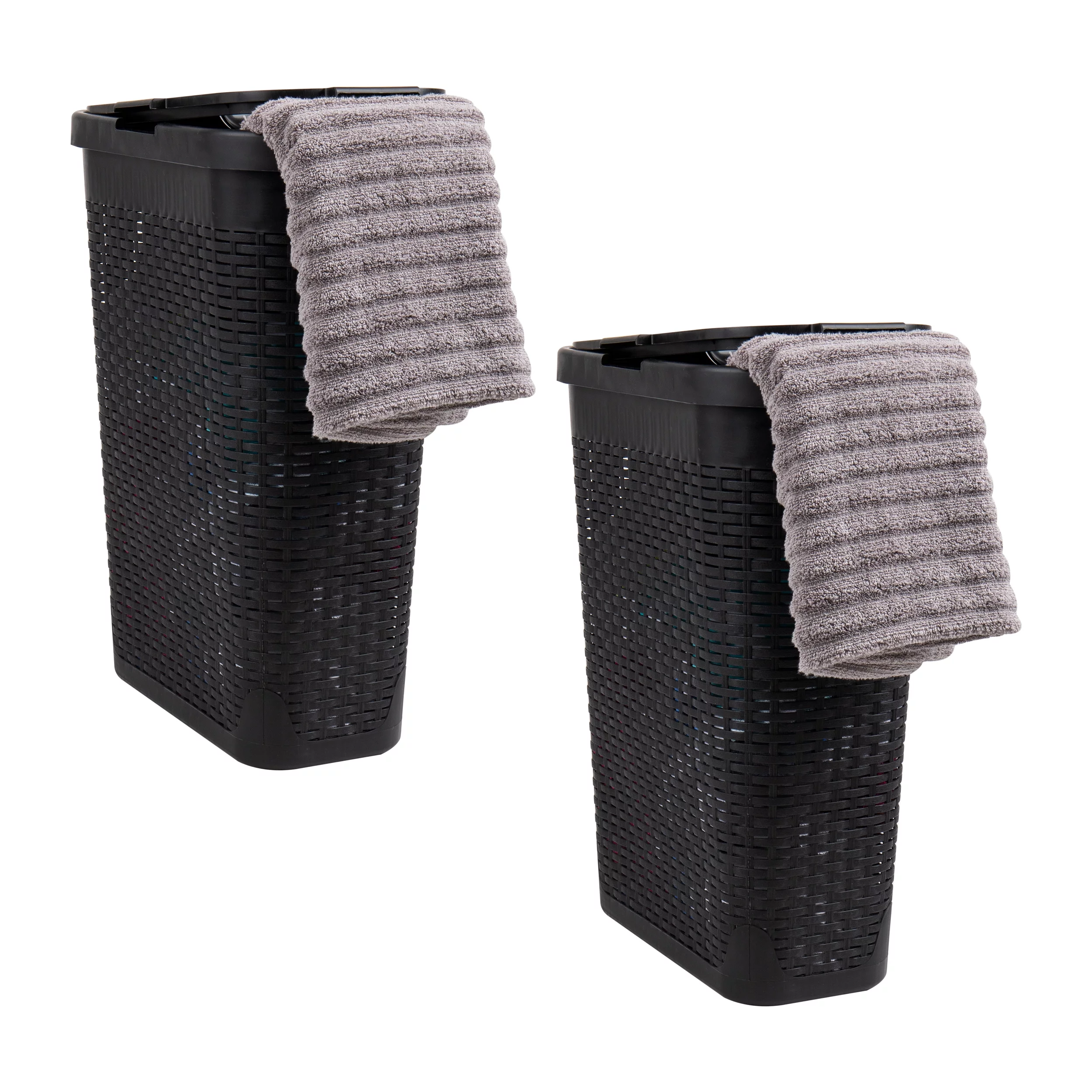 Mind Reader 40L Slim Laundry Hamper, Clothes Basket, Lid, Wicker Design, Plastic, 18