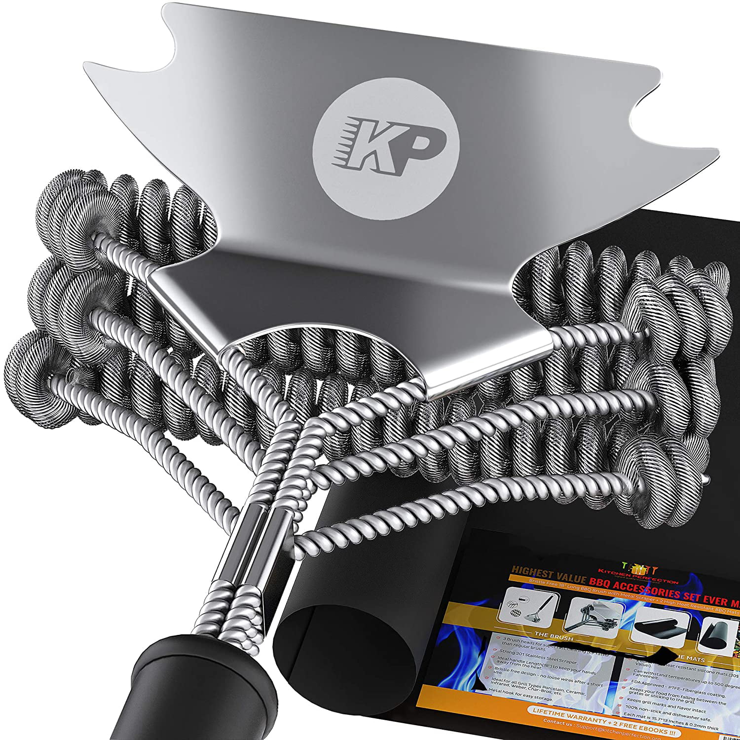 3 in 1 Dream Set - Bristle Free Grill Brush and Scraper +2 Heavy Duty Grill Mats |Best Barbecue Grilling Accessories Cleaner Set | Stainless Steel Wire Safe BBQ Cleaning Brush for All Grates