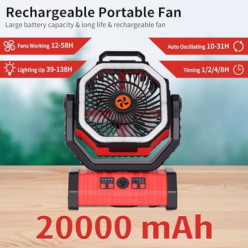 20000mAh Camping Fan Battery Operated,Portable Rechargeable Battery Powered Fan with LED Light,360°Oscillating & 8H Timer Portable Camping UEssentials Fans with Hook