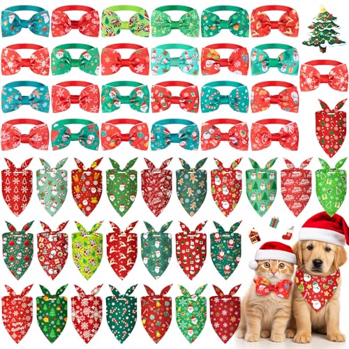 Sanwuta 50 Pcs Christmas Dog Bandanas and Collar Bow Ties Set 25 Bandanas Bulk 25 Xmas Charm Dog Collar Pet Triangle Pet Scarf Bowtie for Small Medium Large Holiday Costume