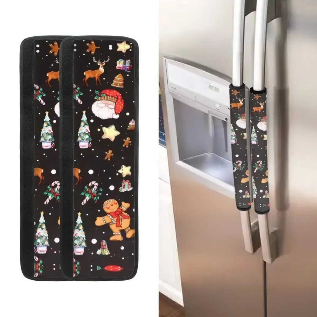 Renewold 4 PCS Refrigerator Door Handle Cover Scratchproof Oven Microwave Handle Protective Cover Reusable Kitchen Appliance Handle Decor Cover,Christmas Tree Gingersnap Santa Elk