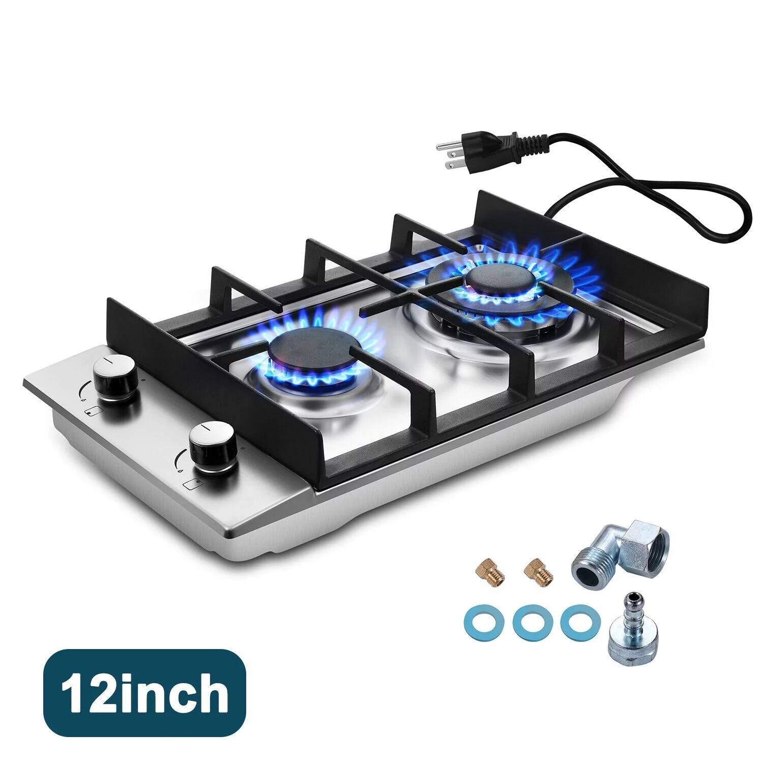 2-Burners 12inch Gas Cooktop Stainless Steel NG/LPG Convertible Built-in Burner Cooktop