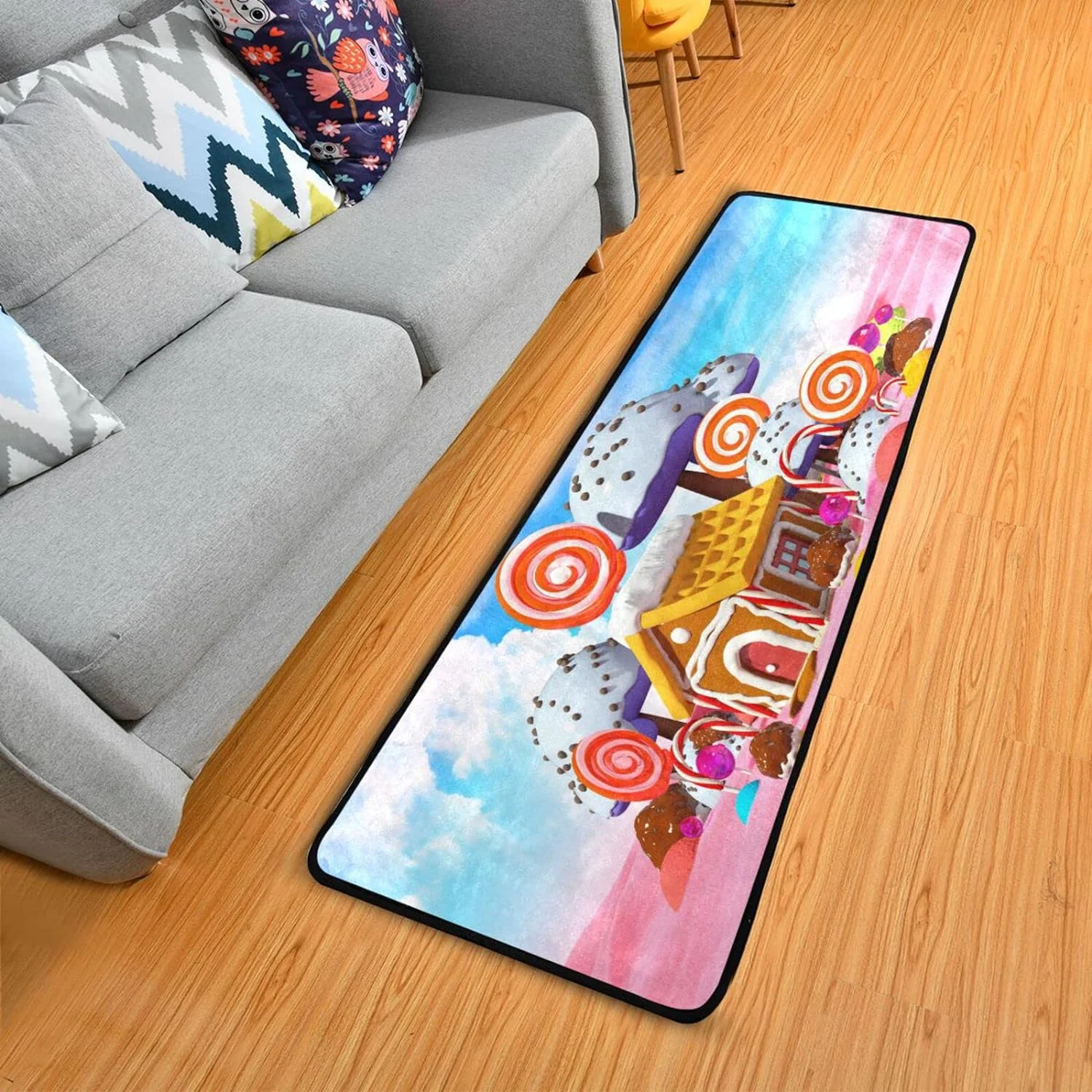 SKYSONIC 2X6 Feet Gingerbread House Candy Runner Rug with Rubber Backing, Fantasy Pink Field Non Slip Entryway Rug Runner Washable Soft Area Rug Carpet for Hallway Bedroom Kitchen Decor