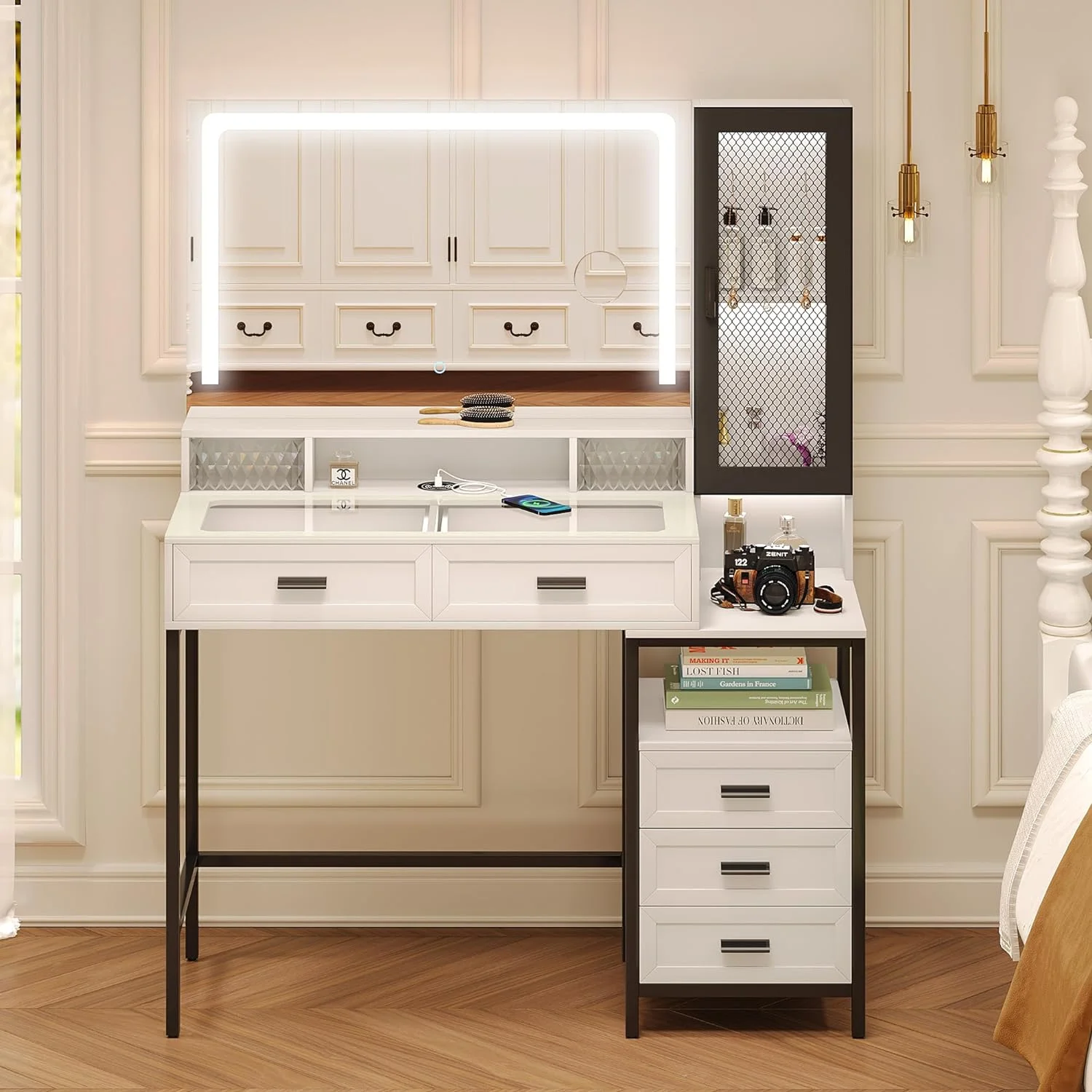 Kasibie Makeup Vanity Desk Set with Lights - Dressing Table with Charging Station and Mirror, Glass Top Design Small Vanity Table with Wooden & Fabric Drawers for Bedroom, White