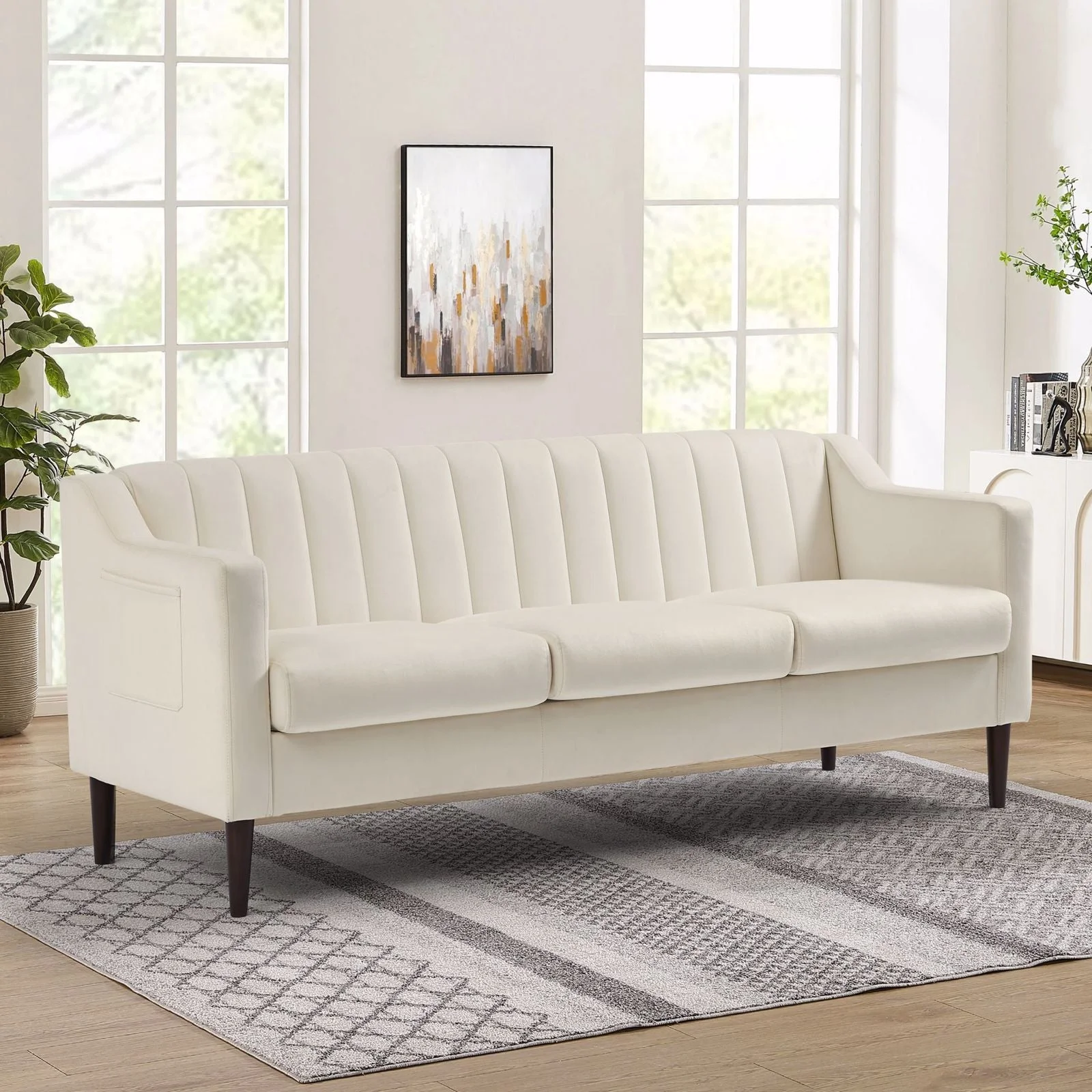 Modern Chesterfield Sofa, Comfortable Upholstered Sofa, Velvet Fabric, Wooden Frame with Wooden Legs, Suitable for Living Room.