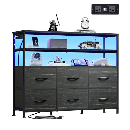 WLIVE Black Dresser for Bedroom, 6 Drawer Dressers with LED Lights and Charging Station, Fabric Chest of Drawers with Open Shelves, LED Storage Dresser for Living Room, Closet