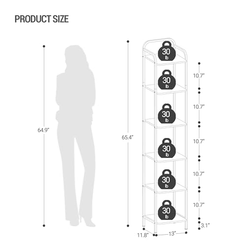 Bookcase Bookshelf, Narrow Book Shelf, Industrial Corner Shelf Storage Organizer, Slim Shelving Unit for Home Office, Living Room, Bedroom, Kitchen, 6-Tier Black BC24604B