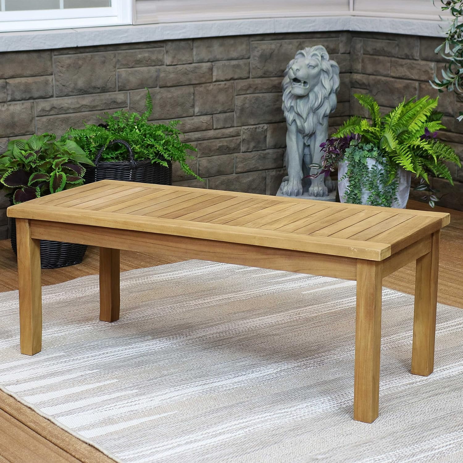 Solid Teak Rectangular Outdoor Coffee Table - Light Brown Wood Stain Finish