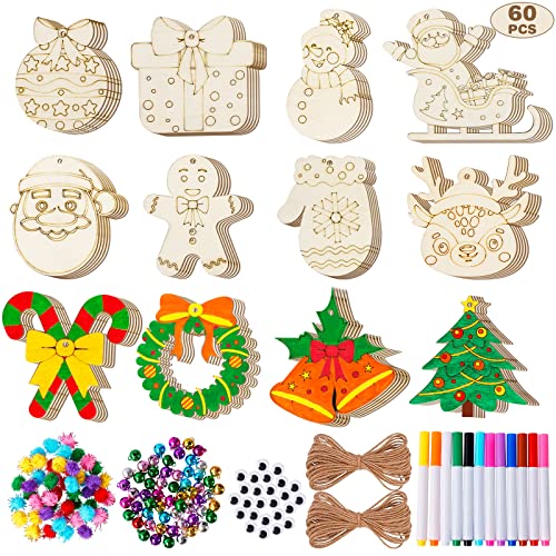 MGparty 60Pcs DIY Wood Slices, Wooden Christmas Ornaments Bulk for Crafts, Unfinished Paintable Wooden Hanging Decorations, Wood Kit for Crafts with 12 Coloured Pens and 60 Jingle Bells