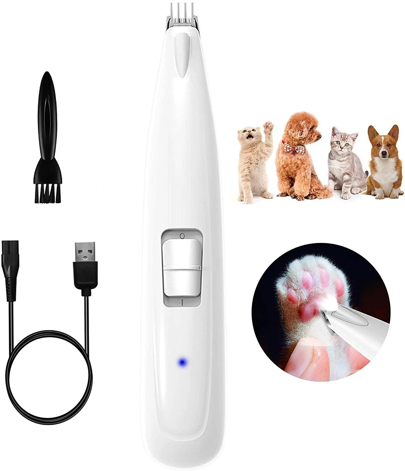 Electric Dog Paw Fur Trimmer, Cordless Ear Hair Clipper Small Cats Dogs Clippers, Light up Puppy Grooming Clippers, 2 Speeds, Rechargeable Cat Trimmer, Quiet Grooming for Paw Eyes Ears Face Rump,White