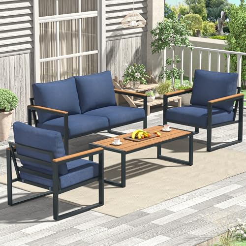 Patio Furniture Set, 4 Pieces Outdoor Patio Furniture with Coffee Table Set, Metal Patio Conversation Sets with Washable and High-Resiliency Sponge Cushions,Upgarded Grey