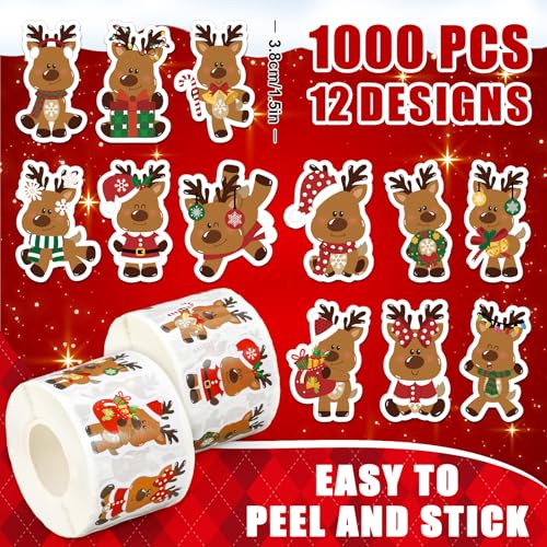 Whaline 1000Pcs Christmas Boho Stickers Xmas Pine Tree Decals 12 Design Self-Adhesive Stickers for Christmas Birthday Holiday Party Decor Supplies, 2 Rolls