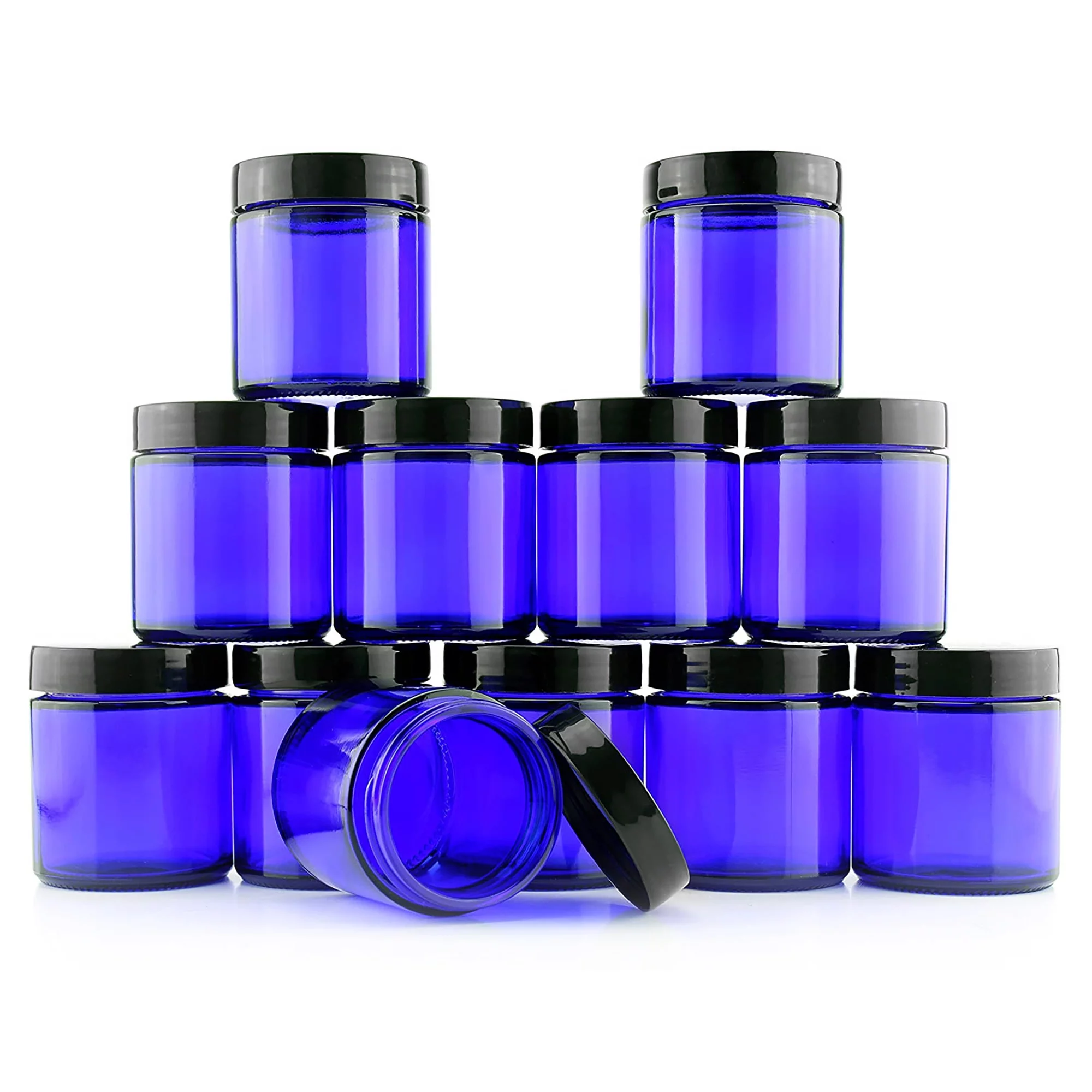 4-Ounce Cobalt Blue Glass Straight Sided Cosmetic Jars (12-Pack); 120 ml. Capacity, BPA-Free Lids