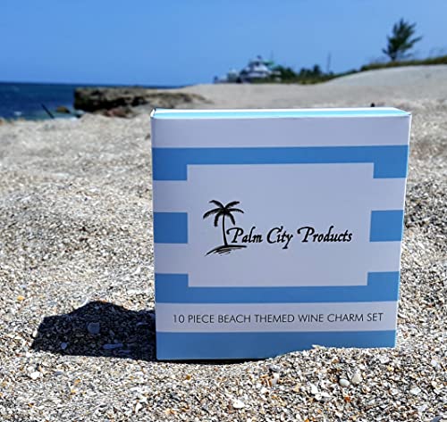 Palm City Products 10 Piece Beach Themed Wine Charm Set - Nautical Stemmed Wine Glass Charms
