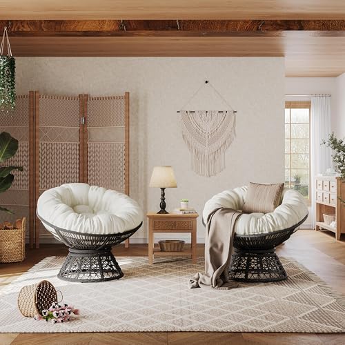 Yaheetech Indoor Papasan Chairs with Thick Tufted Cushions and Frame, Swivel Wicker Ergonomic Lounge Reading Chairs for Living Room/Bedroom, Black