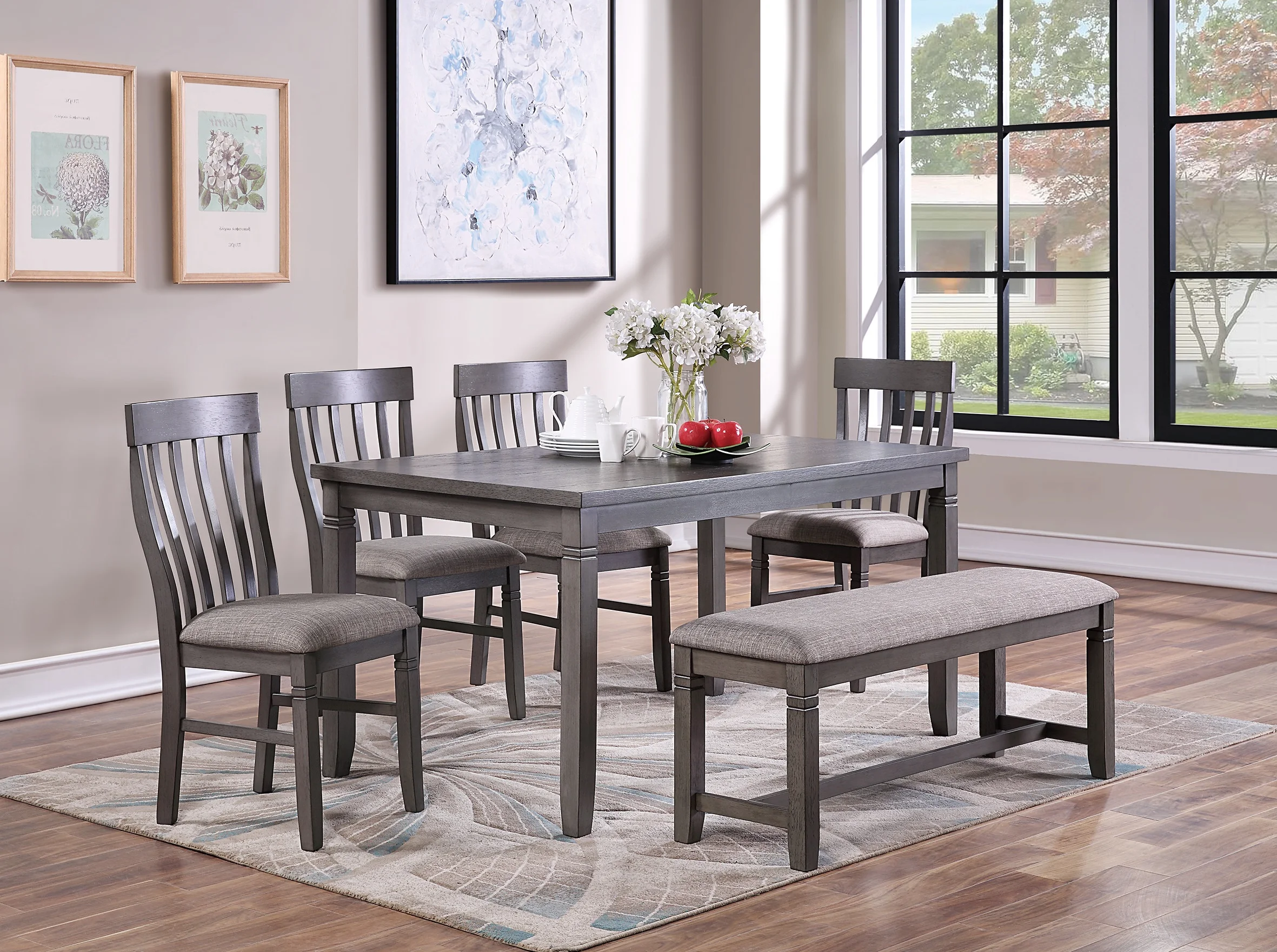 Dcenta Dining Room Furniture Simple 6pc Set Dining Table 4x Side Chairs and A Bench Solid wood and veneers