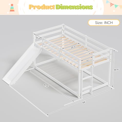 MU Twin Bunk Bed with Slide, Wood Low Bunk Bed Frame with Climbing Ladder & Safety Guard Rail, Floor Loft Bed with Lower Storage Space for Kids Toddler, White