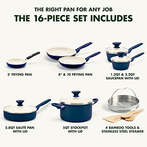 GreenPan Rio 16 Piece Cookware Pots and Pans Set, Hard Anodized Healthy Ceramic Nonstick PFAS-Free, Bakelite Handles, Frypans, Saucepan, Saute Pan, Stock Pot, Kitchen Tools, Dishwasher Safe, Black