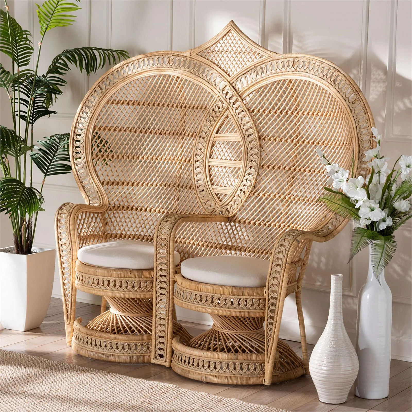bali & pari Nerita Bohemian Natural Brown Rattan Two-Seater Peacock Chair