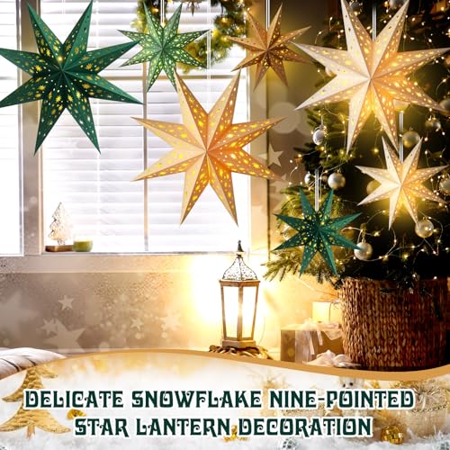 12 Pcs Christmas Paper Star Lantern 7/8/9 Points Sage Green Hanging Ornament 3D Neutral Star Lantern with String Light 12 and 17.72 Inch Hollow Lampshade for Xmas Party Decor(9 Pointed)