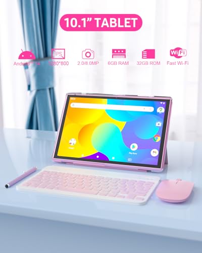 ATOZEE 10 in Tablet 2 in 1 Android 14 Tablets with Keyboard 10 inch Tabletas, Include Mouse Stylus Pen Case, 6000mAh 6GB+32GB ROM 1TB Expandable Tableta, 2MP+8MP Dual Camera, WiFi-6 BT Tablet PC.