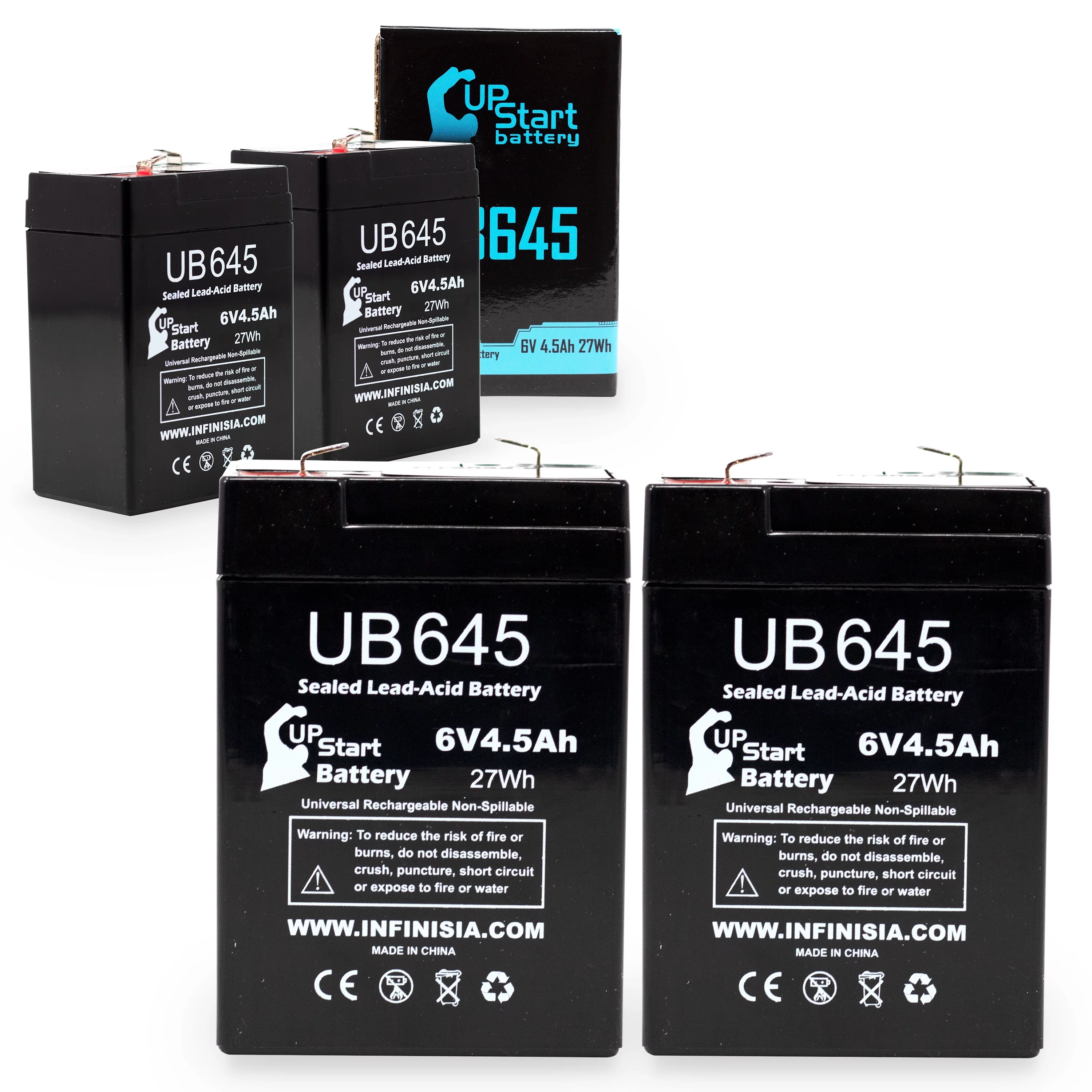 4x Pack - Compatible Exide S300 Battery - Replacement UB645 Universal Sealed Lead Acid Battery (6V, 4.5Ah, 4500mAh, F1 Terminal, AGM, SLA) - Includes 8 F1 to F2 Terminal Adapters