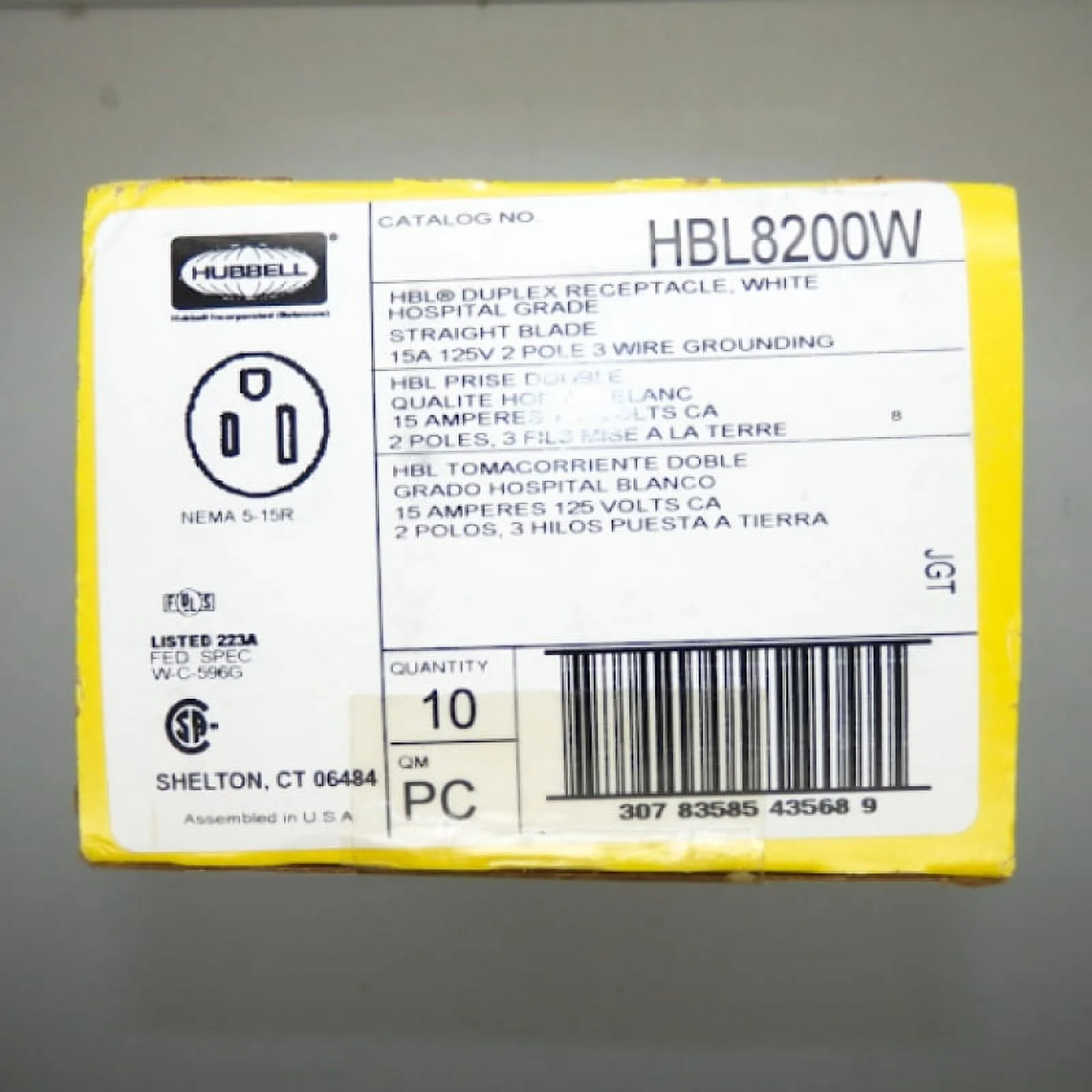 Hubbell Recept,White,15 A,2P3W,Back; Side,1PK  HBL8200W