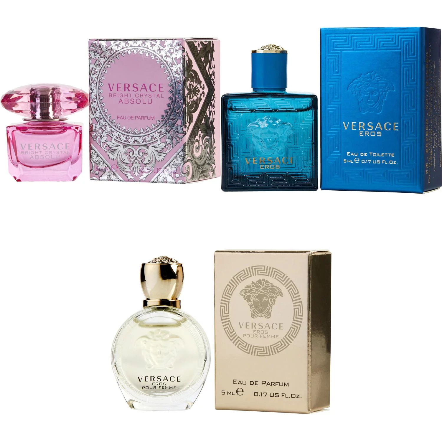 Versace Bright Crystal Absolu EDP, Eros Men EDT, Eros Women EDP  - 5ml 3PK Kit