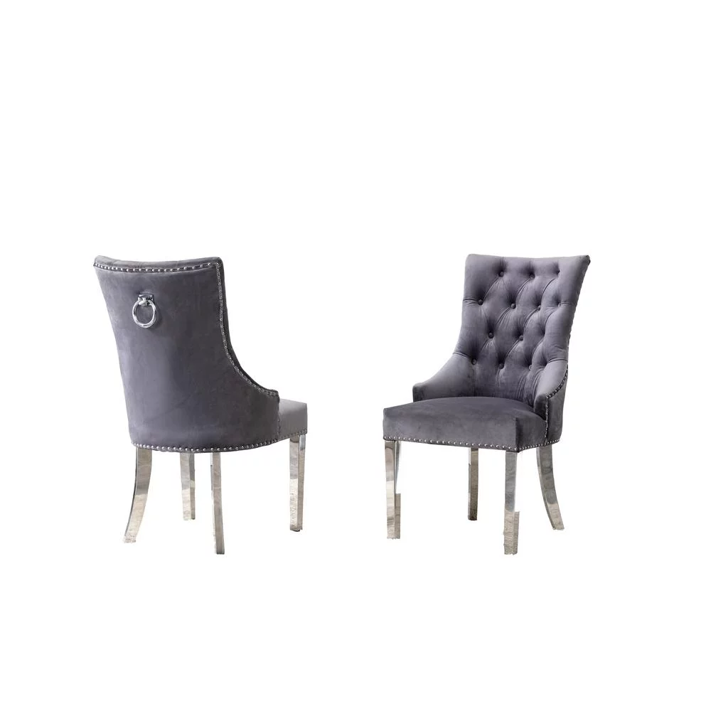 Double Tufted Gray Velvet Side Chairs w/ Silver Stainless Steel Legs (Set of 2)