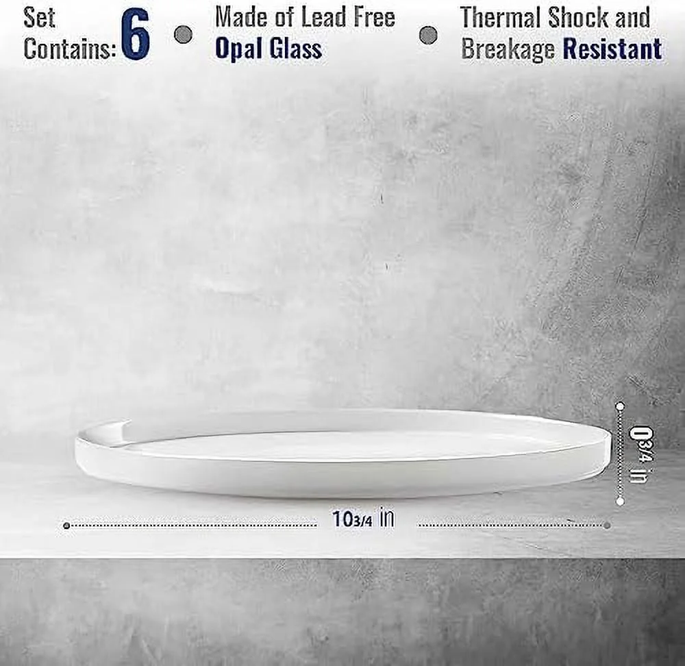 Grangusto Italiana Set Of 6 Flat Plates, Tempered Opal Glass, Clean White, 10.75 Inch. Dinner Plates, Microwave & Dishwasher Safe, Made In Spain. 10.75 Inch