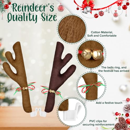 2 Sets Christmas Reindeer Car Kit - Antlers & Nose for Car Decorations, Sturdy Rudolph Reindeer with LED, Jingle Bells, Christmas Reindeer Kits for Any Vehicle Decorations (Brown, Black-Brown)