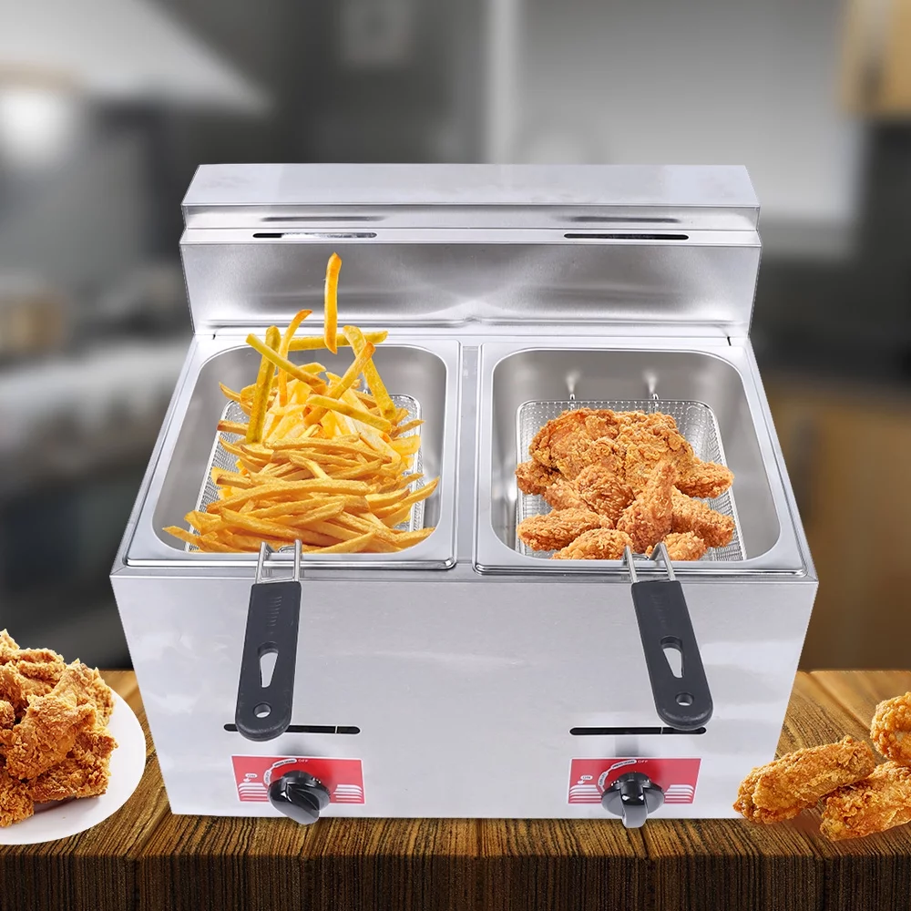 12L Stainless Steel Deep Fryer with 2 Basket and 2 Lid, Table Snack Fryer, Double Cylinder Gas Fryer, White