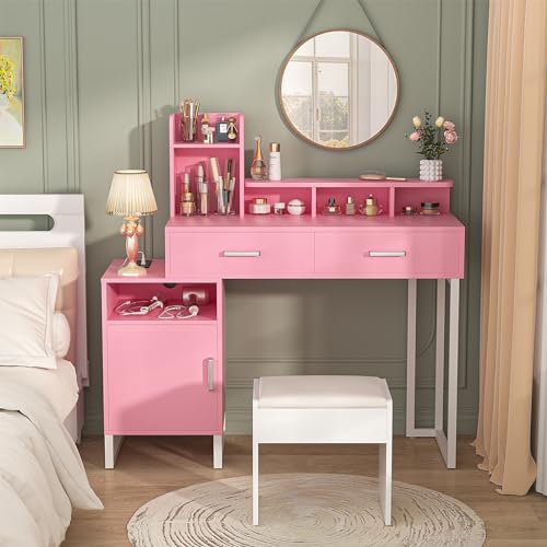 Vanity Desk, Small Vanity Desk with Power Outlet, Makeup Desk with Drawers and Cabinets, Vanity Set with Storage Shelves for Bedroom, No Mirror, White