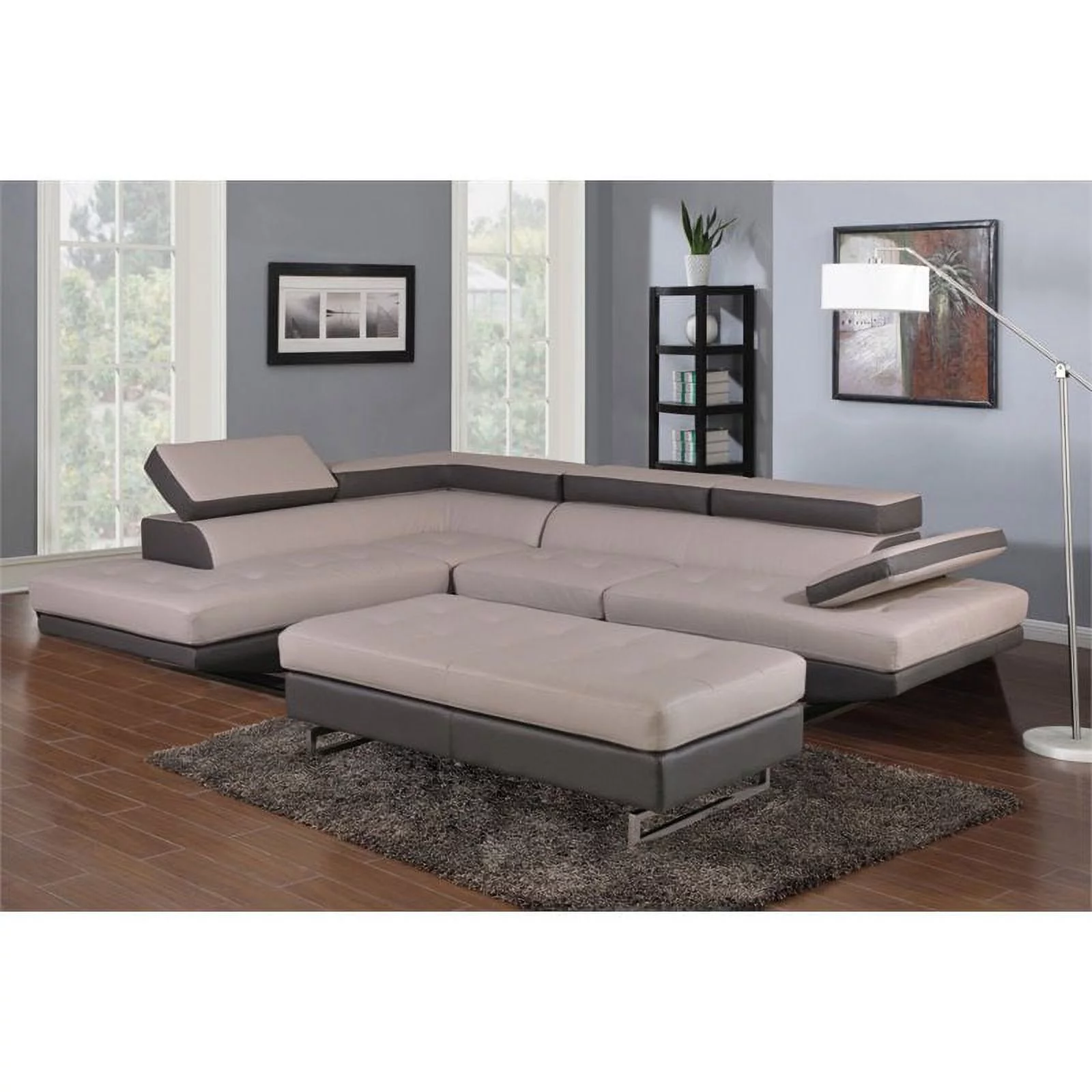Maklaine Faux Modern Leather Sectional with Left Arm Facing in L Gray/D Gray