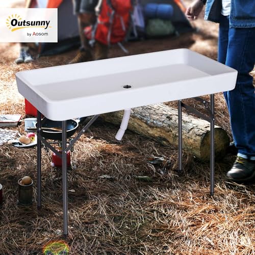 Outsunny 4FT Portable Folding Fish Fillet Cleaning Table Camping Picnic Ice Party Desk with Sink