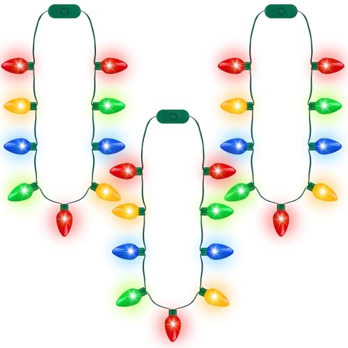 Blowata Christmas Light Necklace, 3PCS Christmas Necklace with 3 Flash Modes, Colorful Xmas Light up Decorations for Christmas Necklaces Party Favors Festival Party Supplies Ugly Sweater Decor