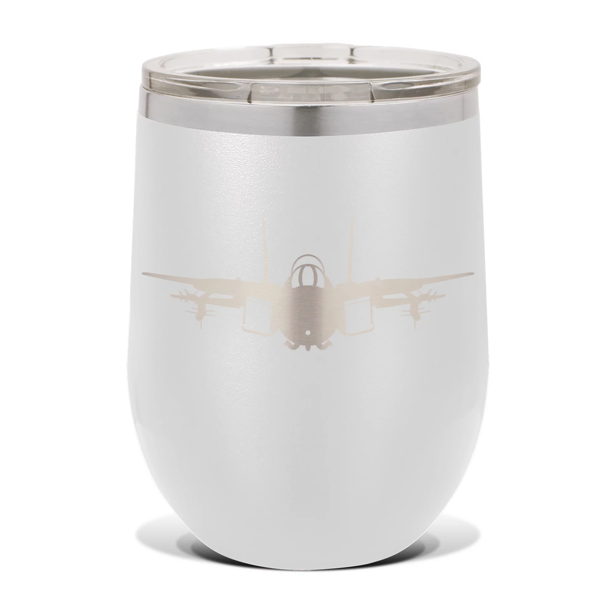 F-14 Tomcat Wine Tumbler 12 oz - Laser Engraved - Polar Camel - Stainess Steel - Vacuum Insulated - Double Walled - Wine Glass - Stemless - Drinkware Clear Lid - f14 fighter aircraft - White