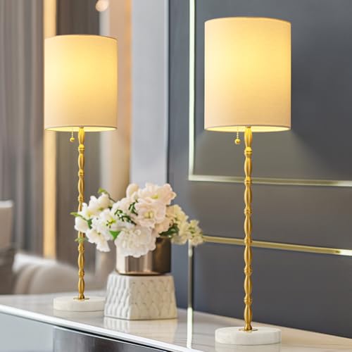 Buffet Lamps Set of 2,Tall Stick Table Lamp with Marble Base, Electroplated Brass Stem & Linen Shade for Console Table at Landing Erea, Entryway, Buffet or Sideboard Table at Dinning Room