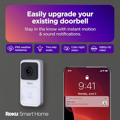 Roku Smart Home Wired Video Doorbell & Chime - 1080p HD Night Vision Ultrawide View Doorbell Camera with Motion & Sound Detection, 2-Way Audio & Works with Alexa & Google, 90-Day Subscription Included