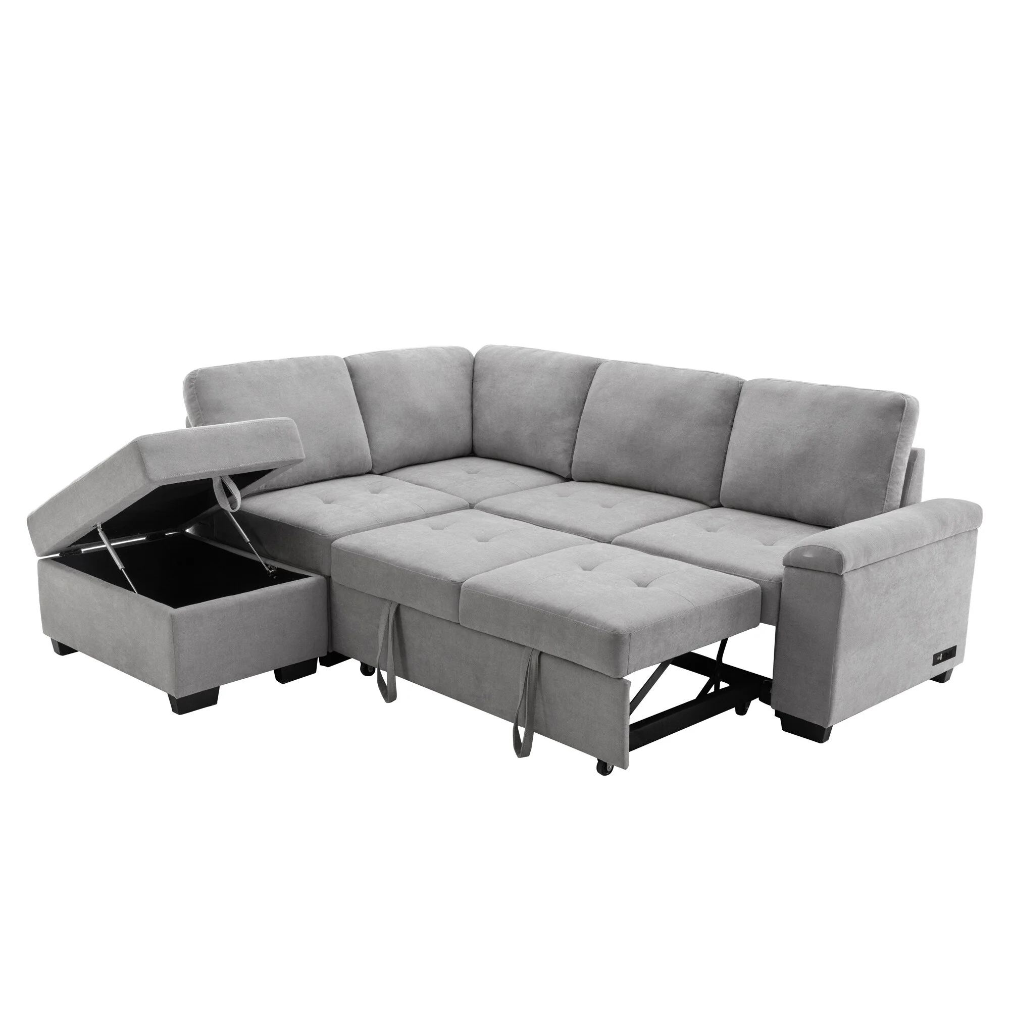 L-Shape Sleeper Sectional Sofa with Storage Ottoman & Hidden Arm Storage, Corner Couch Sofa with USB Charge for Living Room