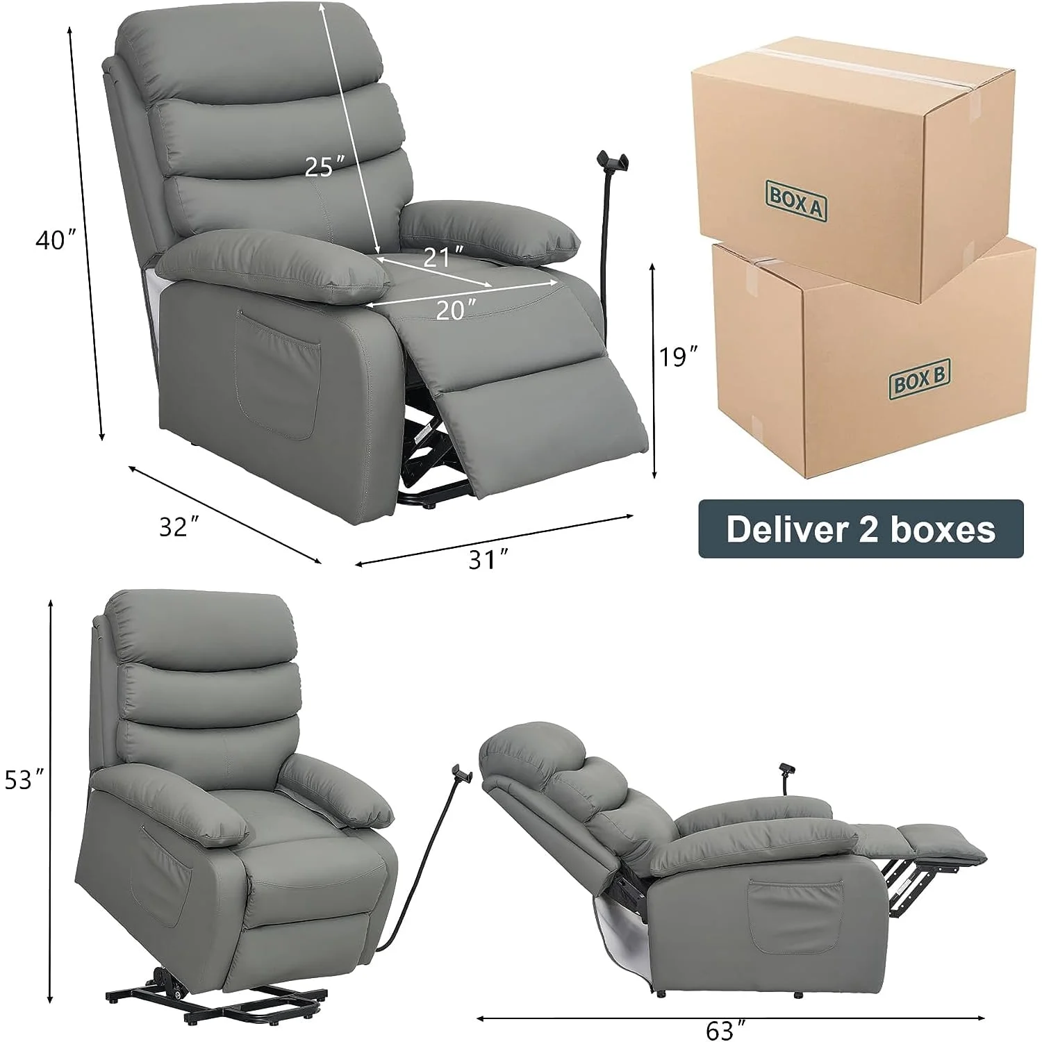 Alwalue Electric Power Lift Recliner Chairs with Side Pocket for Elderly Micro Leather Recliner Lift Chair with Remote Control for Living Room Bedroom - Dark Gray