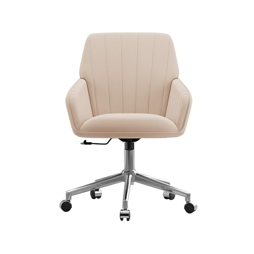 Velvet Home Office Chair with Gold Base Upholstered Tufted Modern Height Adjustable 360 Degree Swivel Desk Chair with Wheels, Vanity Chairs for Living Room, Bedroom,Study Room (Cream)