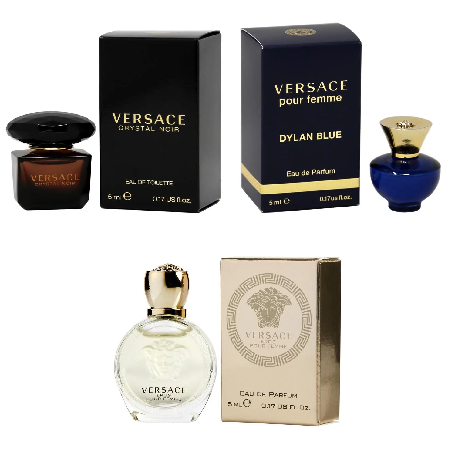 Versace Crystal Noir EDT, Dylan Blue Femme EDP, Eros Women EDP  - 5ml 3PK Kit