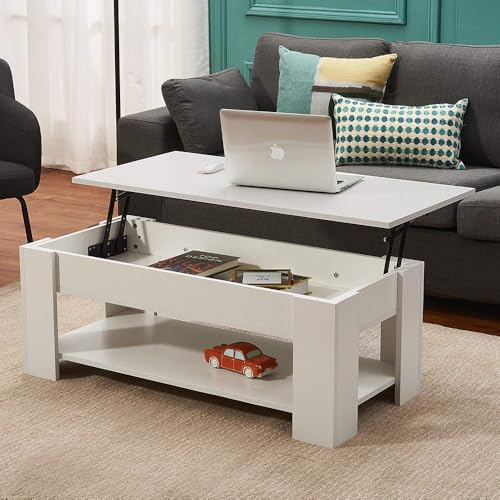 Panana Modern Lift Up Top Coffee Table with Hidden Storage and 1 Shelf Wooden Tea Table Sofa End Table for Living Room, Office, 39.4