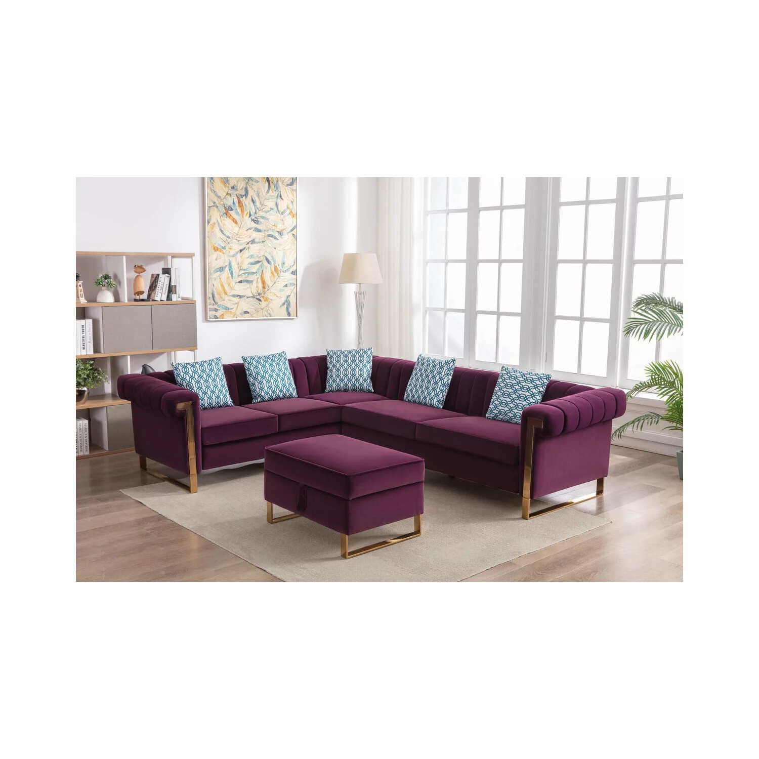 Homestock Artisanal Artistry Velvet 6-Seater Sectional Sofa with Storage Ottoman