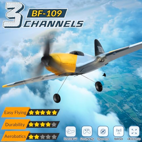 HAWK'S WORK 3 Channel RC Plane BF-109, Remote Control Airplane Ready to Fly, 2.4GHz 6-axis Gyro Stabilizer, Easy to Fly for Kids & Beginners